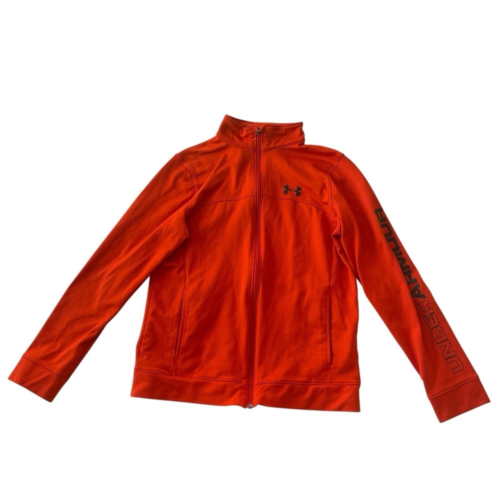 Under Armour Boy's Size L Orange Full Zip Sweatshirt Logo Spellout Mock‎ Neck